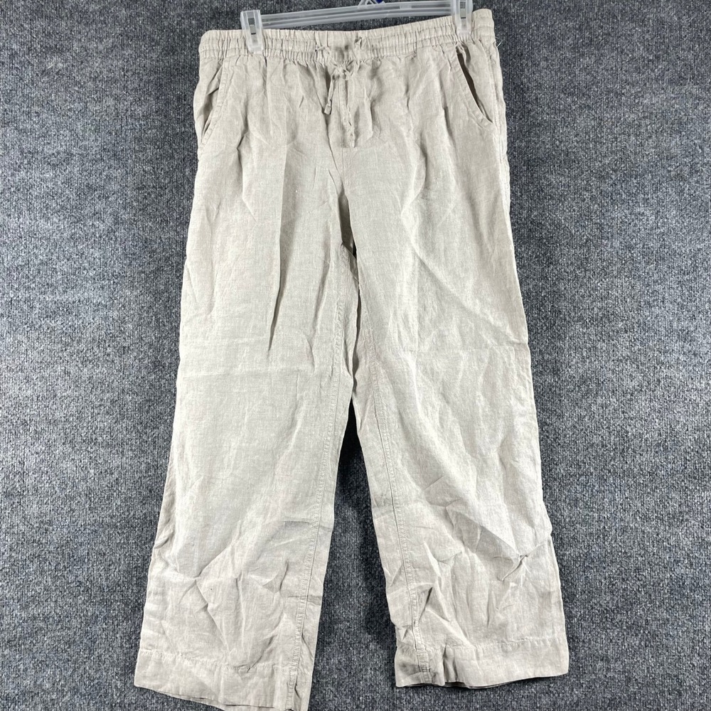 LL Bean Pants Womens 14 Beige Linen Relaxed Wide Leg Drawstring Casual NWOT